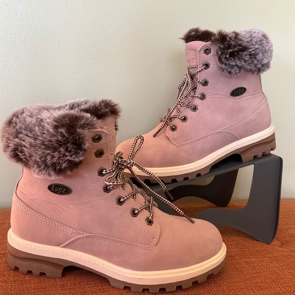 Lugz Shoes - New WOT Lugz Empire Hi Fur Womens Boots Dusty Rose Pink Combat Moto Boots LaceUp